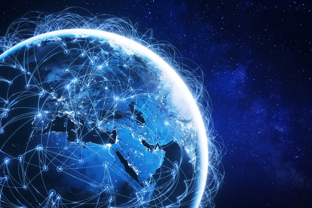 Internet technology with global communication network connected around the world for VoIP, telecommunication, cloud PBX, data transfer, international connection links, finance, business, hospitality, healthcare, and education.