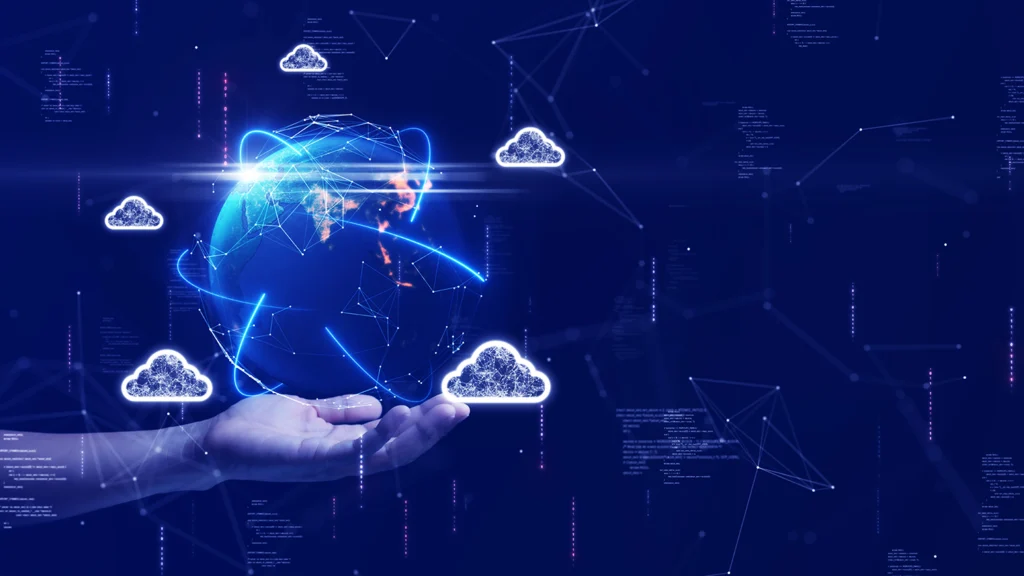 A globe with multiple clouds and lines of communication connecting them