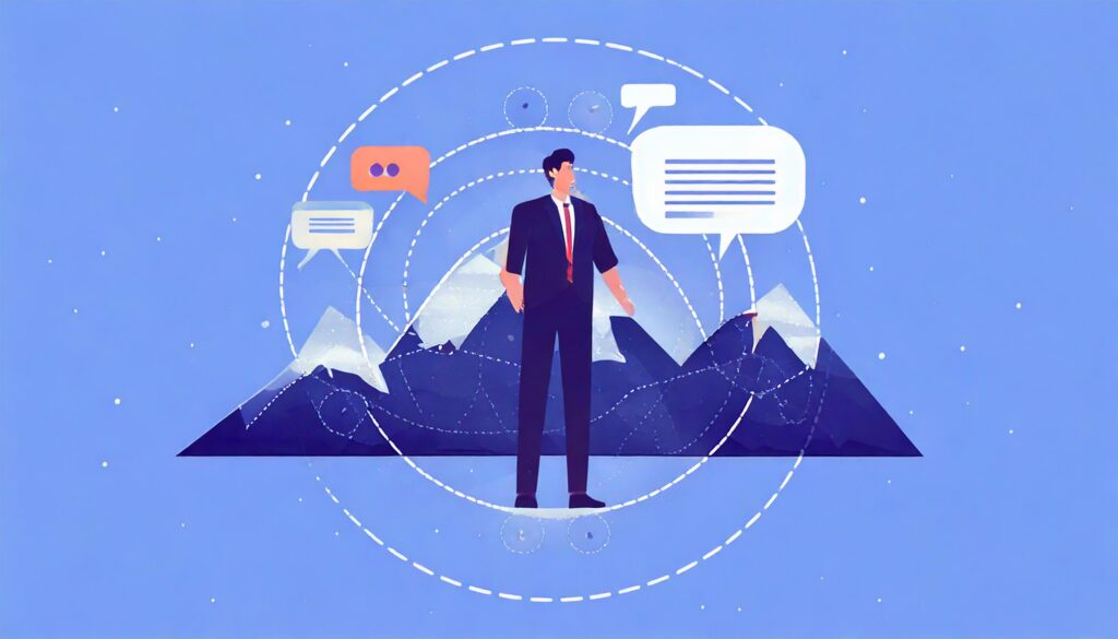 cartoon man in front of an illustrated mountain