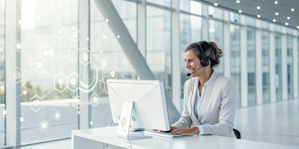 An agent using advanced call center technologies to provide efficient customer support.