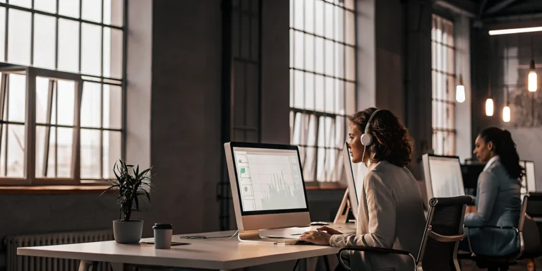 Call center operations in a modern office with agents assisting customers.
