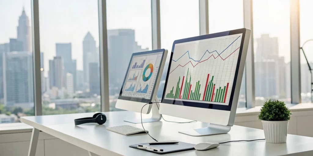 Call center computers showing analytics to improve cold calling performance.