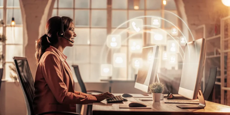 An agent in an omnichannel call center uses a single platform to manage calls and digital messages.