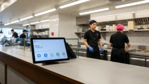 AI voice ordering system processing restaurant phone orders on a digital screen in a quick-service restaurant