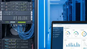 IT administrator planning NEC phone system cloud migration on a laptop in a modern office