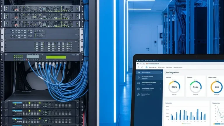 IT administrator planning NEC phone system cloud migration on a laptop in a modern office