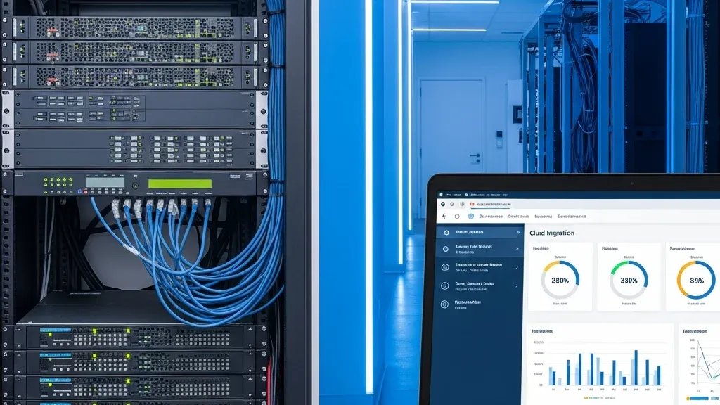IT administrator planning NEC phone system cloud migration on a laptop in a modern office