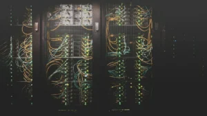 Modern cloud data center with redundant server racks supporting VoIP disaster recovery