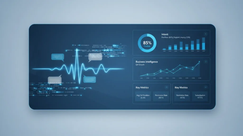 AI call analytics dashboard showing sentiment analysis, intent tracking, and business intelligence metrics