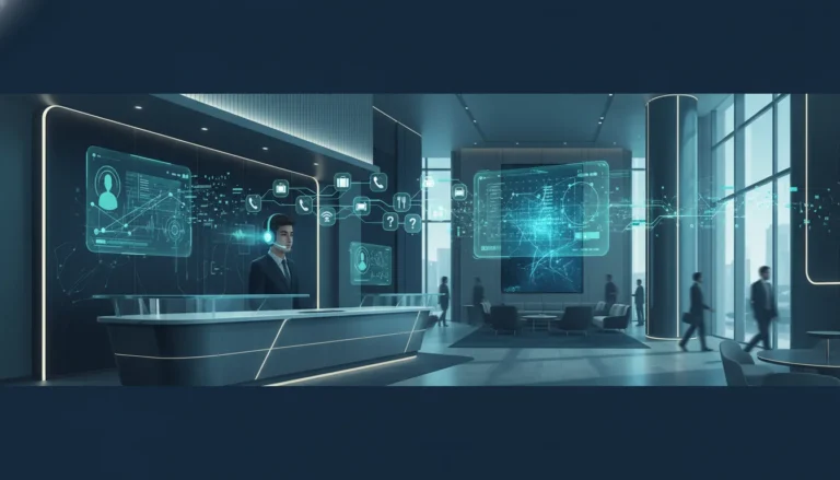 Modern hotel front desk with AI communication overlays