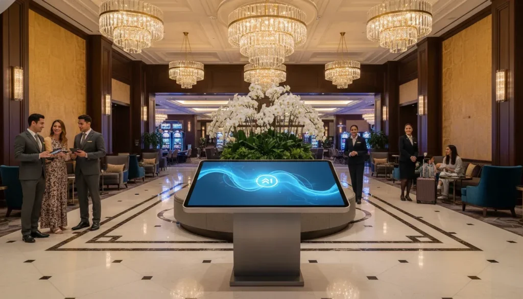 Luxury casino resort lobby with AI-powered digital concierge screens, hotel staff assisting guests, marble floors, and crystal chandeliers