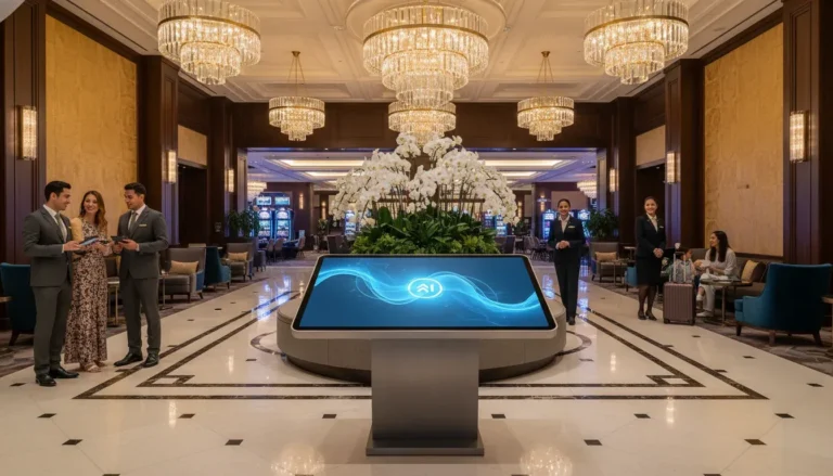 Luxury casino resort lobby with AI-powered digital concierge screens, hotel staff assisting guests, marble floors, and crystal chandeliers