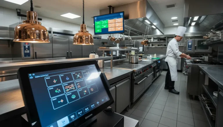 Restaurant kitchen POS terminal with kitchen display system showing live orders during dinner service