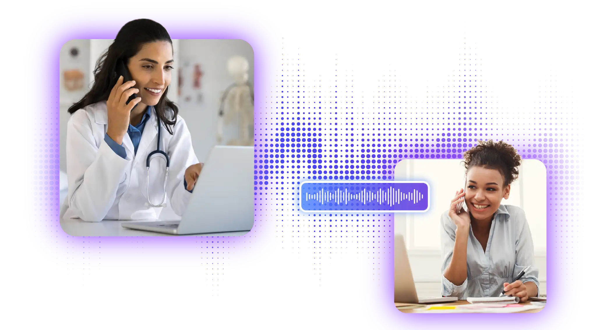 A woman in a healthcare office using a mobile phone. A woman on the other end of the call talking on their mobile phone.