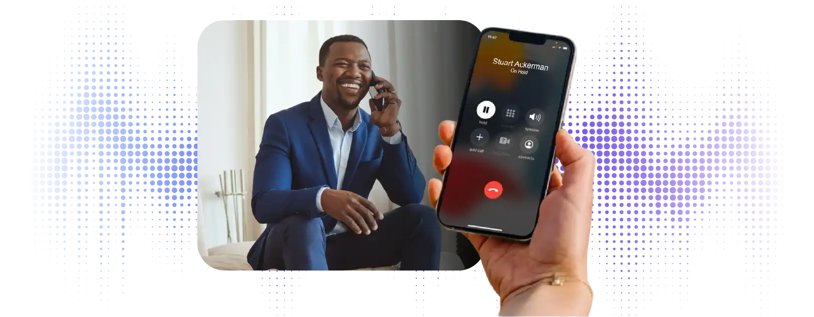 man on the phone, hand holding mobile phone with call on hold