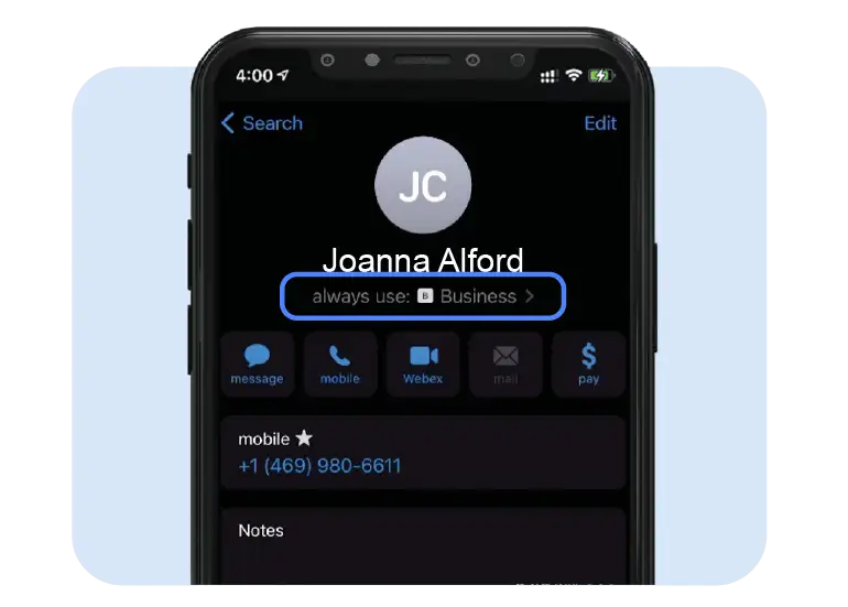 An iPhone interface showing a contact with Business phone line selected.