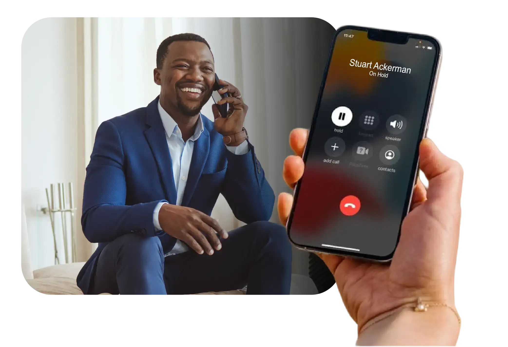 man on the phone, hand holding mobile phone with call on hold