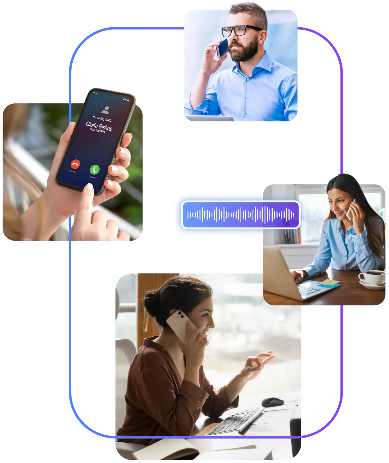 A collage of images featuring people using extend on their mobile phones